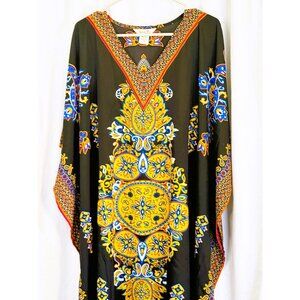 Kaftan, Gypsy Blue, Black with multi-colored Medalion Design, One Size.